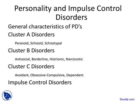 personality and impulse control disorders psychiatry lecture slides docsity