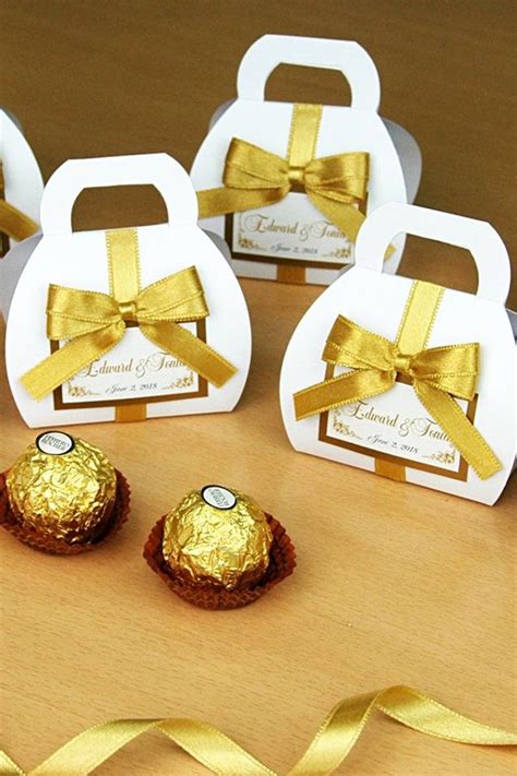 Chic Gold Wedding Candy Box With Satin Ribbon Bow And Names These