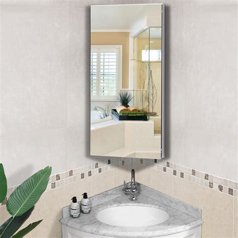 Homcom Bathroom Corner Wall Mirror Storage Cabinet Cupboard Stainless