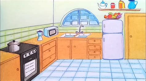 How To Draw Scenery Of Kitchen Step By Step Youtube