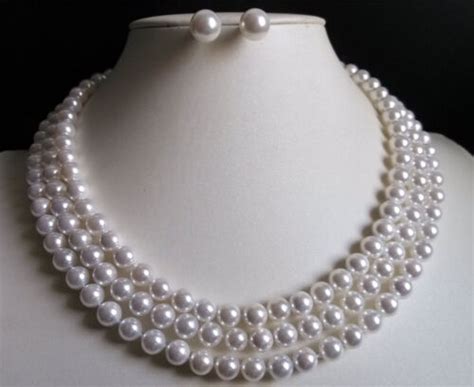 Beauty 3 Rows 8mm White South Sea Shell Pearl Round Necklace Earrings