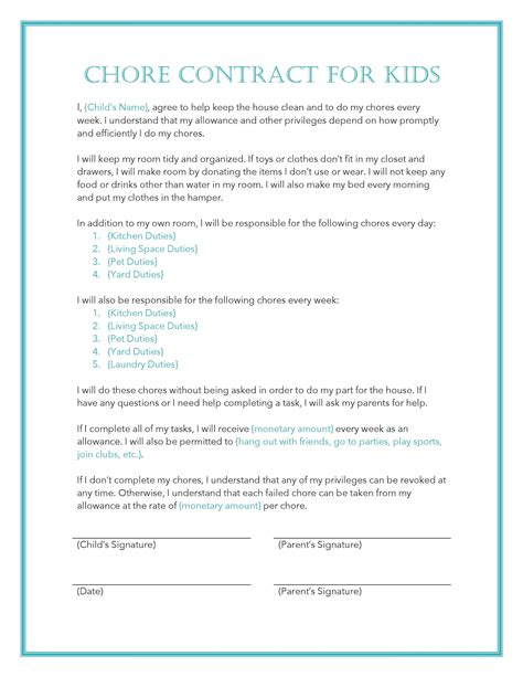 Easy To Edit Child Chore Contract For Kids Teen Student Etsy