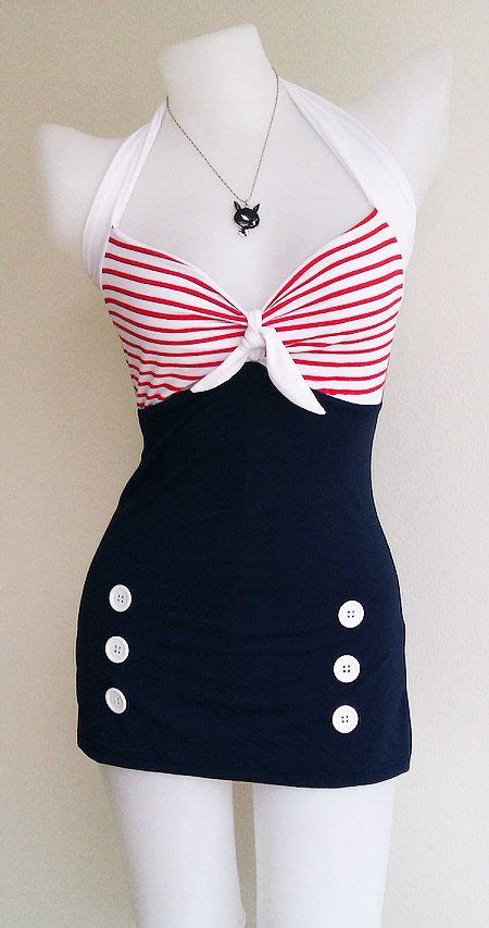 Vtg 50s Bettie Women Swimsuit In Navy Blue Polka Retro Vintage Sailor Women 1950s Swimwear One