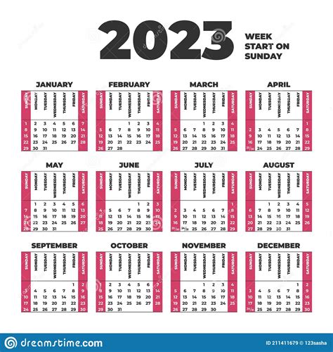 plantilla de calendario 2023 con semanas que comienzan el domingo ilustración del vector