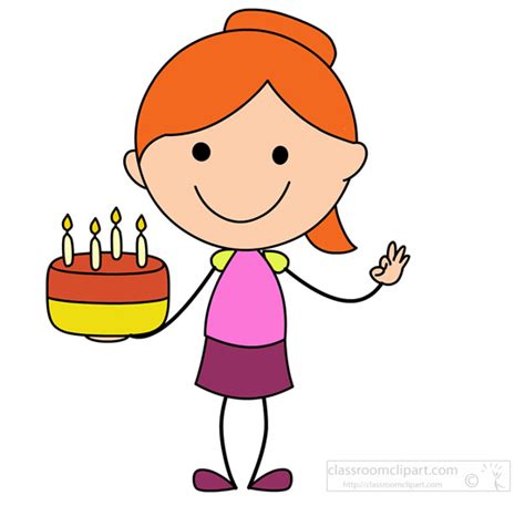 Birthday Stick Figure Girl With Cake Classroom Clipart