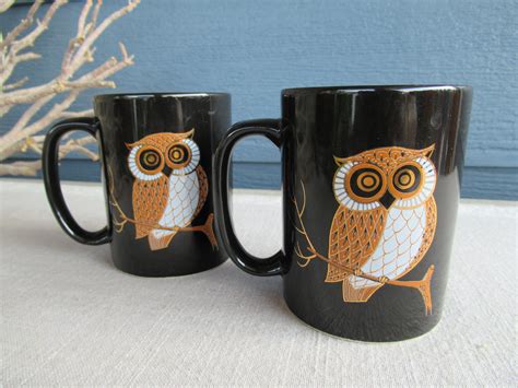 Ceramic Owl Coffee Mugs Retro Owl Mug Black And Gold Mugs Etsy