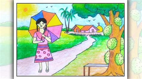 Summer Season Scenery Drawing For Class 6 How To Draw Simple Scenery