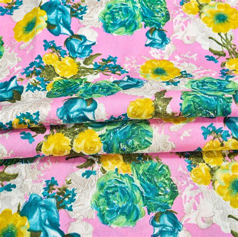 Buy Pink Green And Yellow Floral Banglori Silk Fabric For Best Price