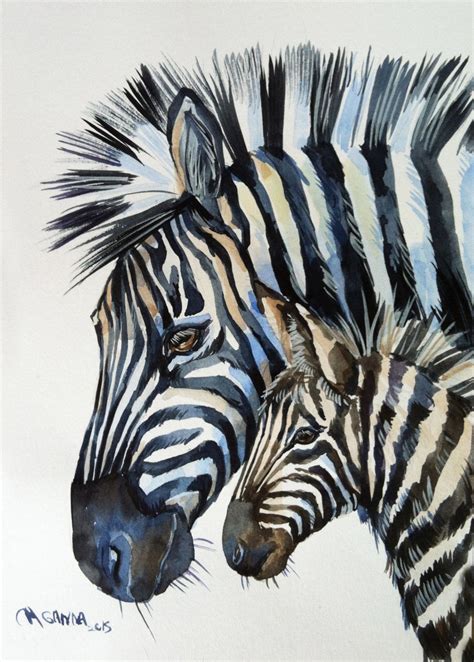 Mother Zebra And Her Baby Zebra Foal Original Watercolor Painting