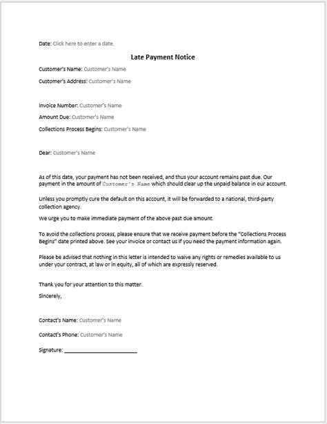 Late Payment Notice Sample Word Templates