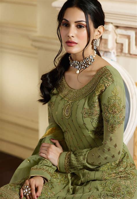 Green Satin Georgette Embroidered Sharara Style Pakistani Suit 4051