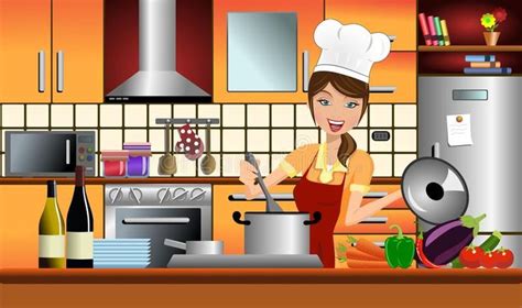 Happy Woman Cook In A Modern Kitchen Illustration Featuring A Happy