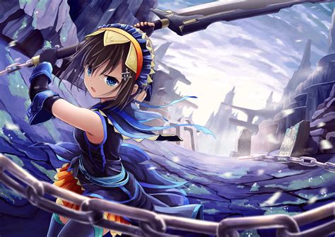 Aqua Eyes Brown Hair Chain Clouds Elbow Gloves Gloves Headdress Lark Original Ruins Short Hair