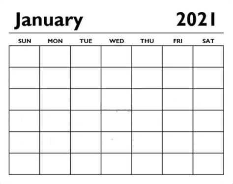 Free Blank Calendar January 2021 Printable Pdf
