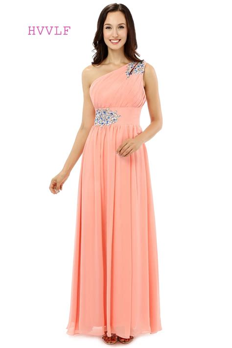 Coral 2019 Prom Dresses A line One shoulder Chiffon Beaded Crystals
