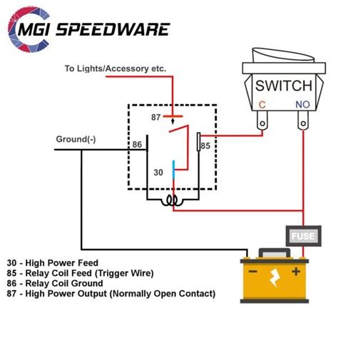 An automotive wiring diagram, showing useful information such as crimp connection locations and wire colors. Automotive Fused Relay 40A SPST | MGI SpeedWare