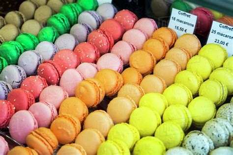 Close Up Of Colourful Macaroons In A Bakeries Display Case Dinan