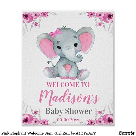 Pink Elephant Welcome Sign Girl Rustic Shower Poster
