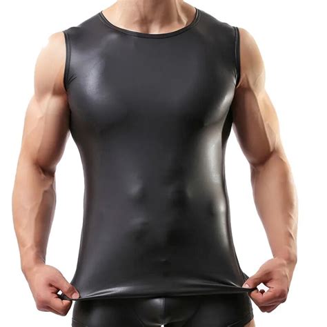 Sexy Men Black Faux Leather Vest Solid Tight Men Sleeveless Tights