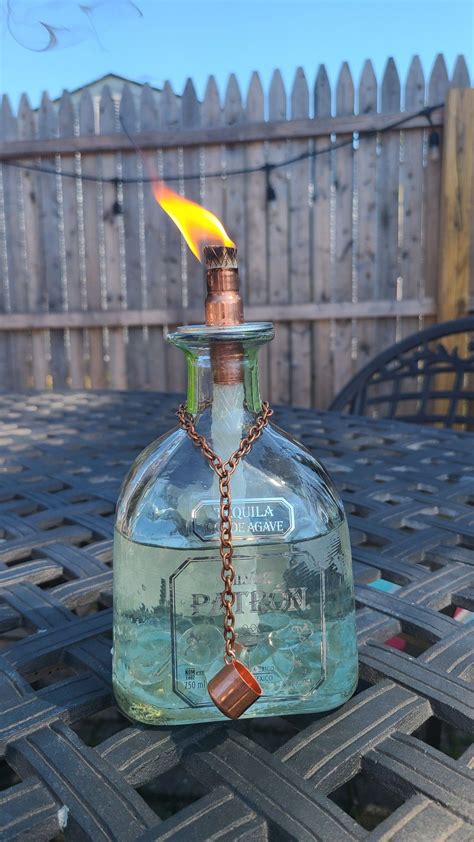 Upcycled Patron Bottle Tiki Torch With Copper Wick Holder And Snuffer