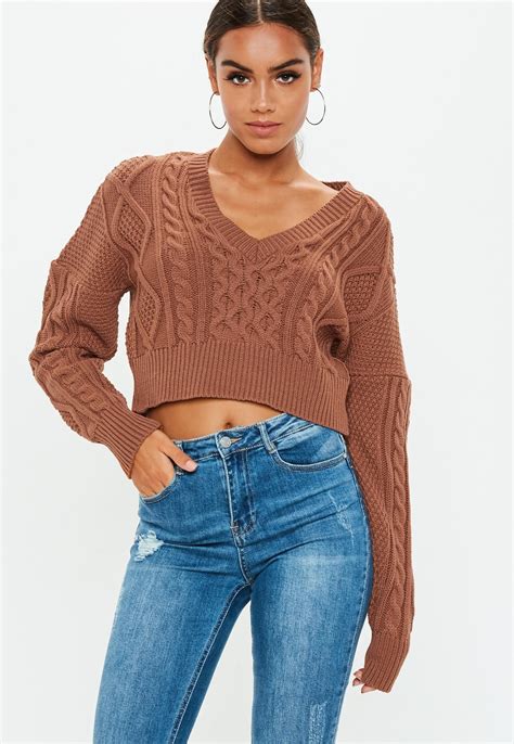 Brown V Neck Cable Knitted Cropped Jumper Missguided Cropped Jumper