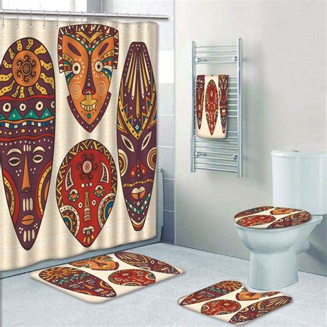 Prtau Decorative Mask African Aborigine Cultural Ethnic 5 Piece Bathroom Set Shower Curtain Bath