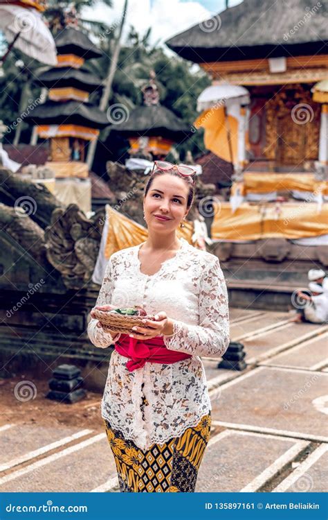 Bali Indonesia December European Woman In Traditional Dress On Balinese Ceremony In