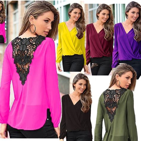 Backless Lace Patchwork V Neck Long Sleeves Chiffon Blouse Chiffon Blouse Long Sleeve Chiffon