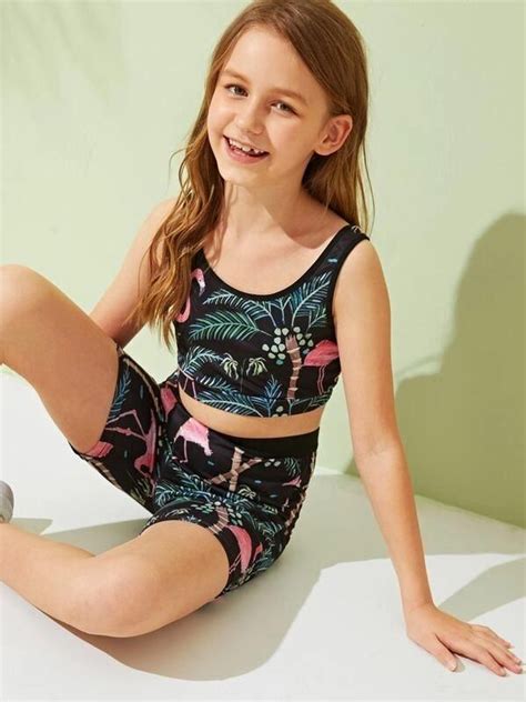 Girls Tropical Print Tank Crop Top And Cycling Shorts Set Kidenhouse In