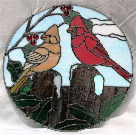 Male And Female Cardinals On Winter Fence Post Beautiful Stained Glass Birds Stained Glass