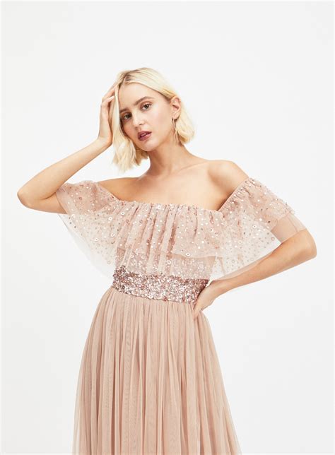 Maya Pale Pink Bardot Sequin And Tulle Maxi Dress Miss Selfridge