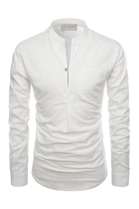 Casual Mandarin Collar Shirts For Men Henley Slit Neck With 1 Button