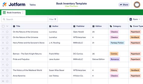 Book Inventory Template Jotform Tables