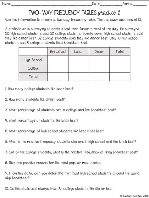 Two Way Frequency Table Worksheets