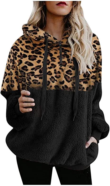 Womens Leopard Print Sweatshirt Fleece Sherpa Hoodie Fluffy Jumper Fuzzy Fleece Hoodies Casual