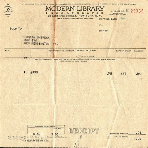 1932 Receipt From Modern Library Inc