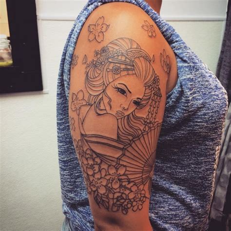 Simple Black Ink Shoulder Tattoo Of Asian Woman With Fan And Flowers