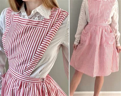 1970s Candy Striper Uniform 70s Red White Stripe Pinafore Dress Etsy