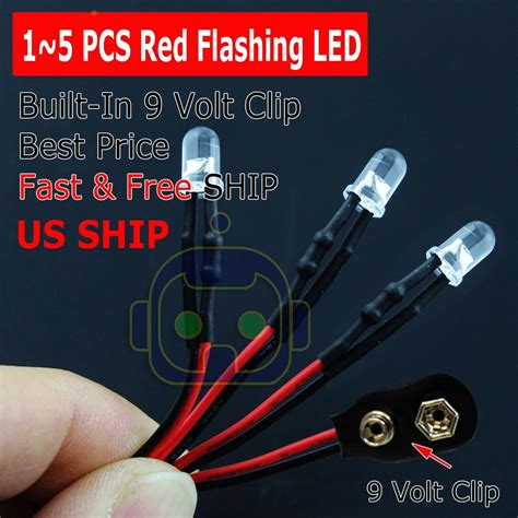 1~5 Pre Wired 5mm Led 9 Volt Red Flashing On Snap 9v Battery Clip Blink Flashing Ebay