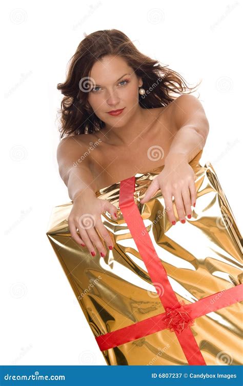 Beautiful Naked Woman Behind A Big Christmas Gift Royalty Free Stock