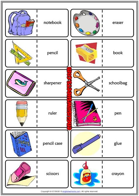 Classroom Objects Esl Printable Dominoes Game For Kids English