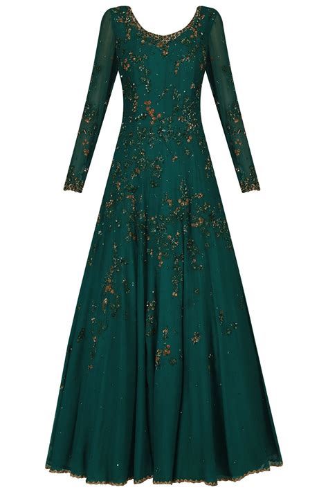 Emerald Green Floral Embroidered Kalidaar Kurta Set Available Only At