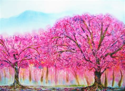 Cherry Blossom Art Original Watercolor Painting Pink Art