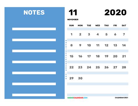 Free Editable November 2020 Printable Calendar With Notes Premiun Template