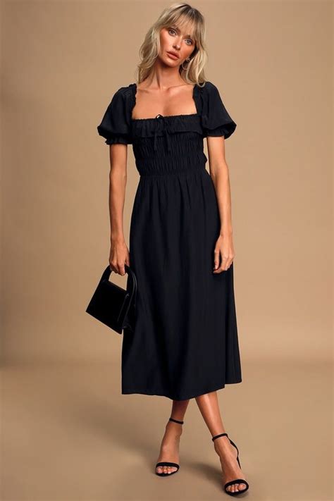 Nahanni Black Puff Sleeve Smocked Midi Dress Chiffon Mini Dress Long