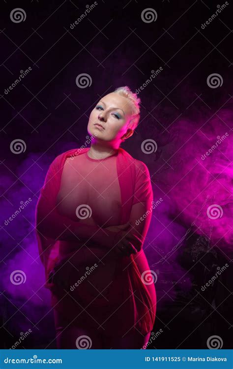 Chubby Naked Woman With Short White Hair Wearing Transparent Mesh Pink
