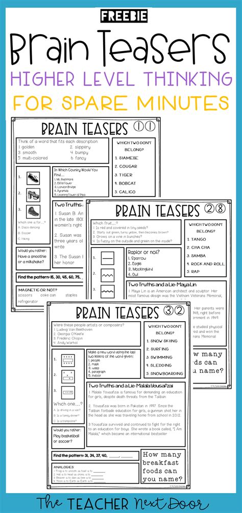 This Free 3 Page Sample Of Brain Teasers For Transitions Is Just Right