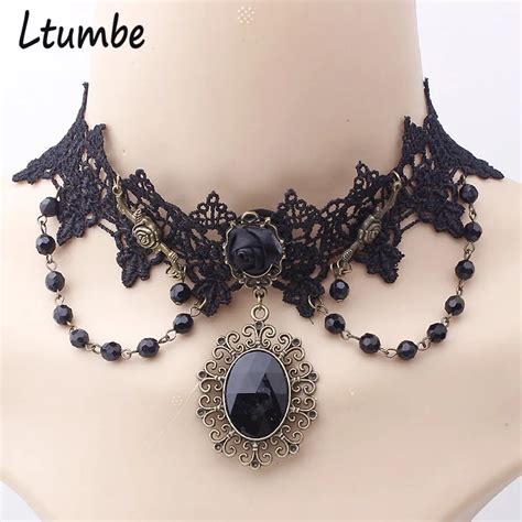 Ltumbe New Gothic Sexy Lace Necklaces Vintage Flower Big Round Crystal