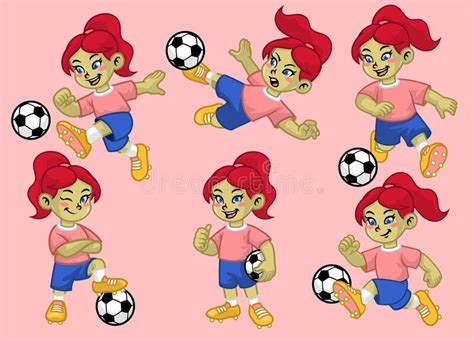 Cartoon Set Of Cute Girl Of Soccer Player Stock Vector Illustration