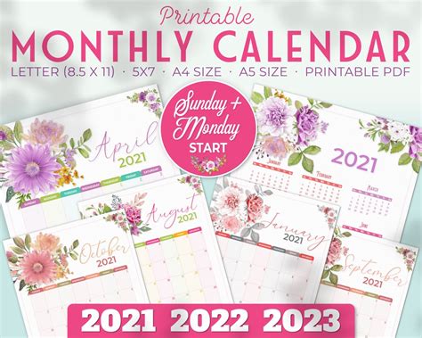 Flowers Calendar Printable 2021 2022 2023 Monthly Etsy